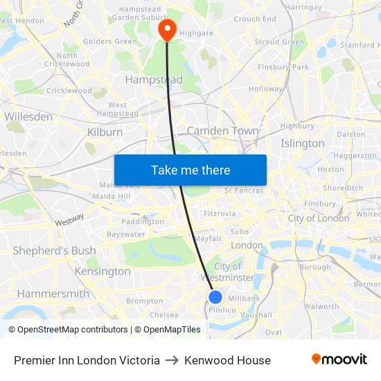 Premier Inn London Victoria to Kenwood House map