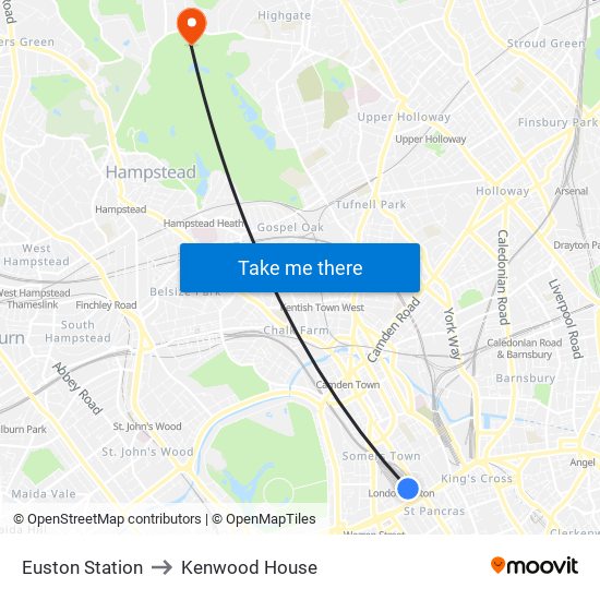 Euston Station to Kenwood House map