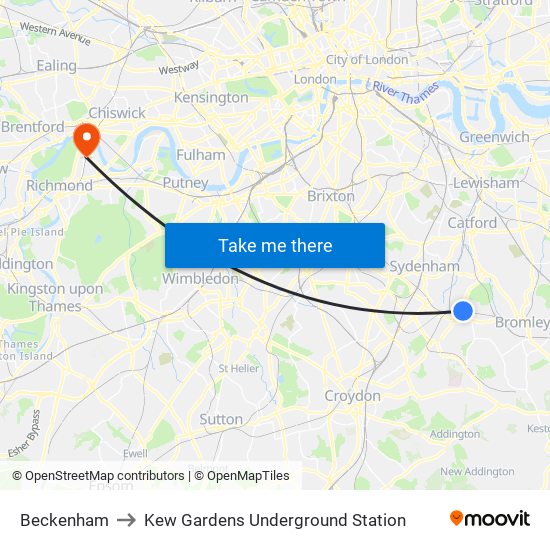 Beckenham to Kew Gardens Underground Station map