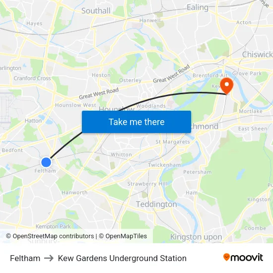 Feltham to Kew Gardens Underground Station map
