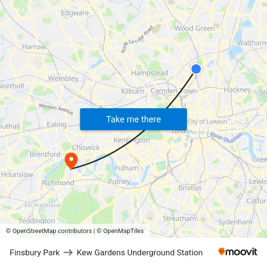 Finsbury Park to Kew Gardens Underground Station map