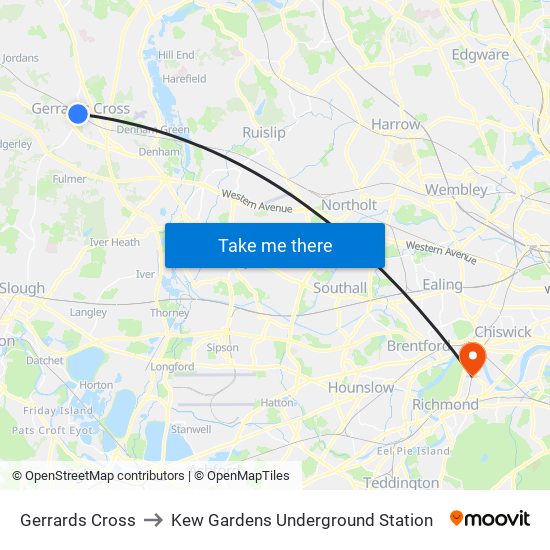 Gerrards Cross to Kew Gardens Underground Station map