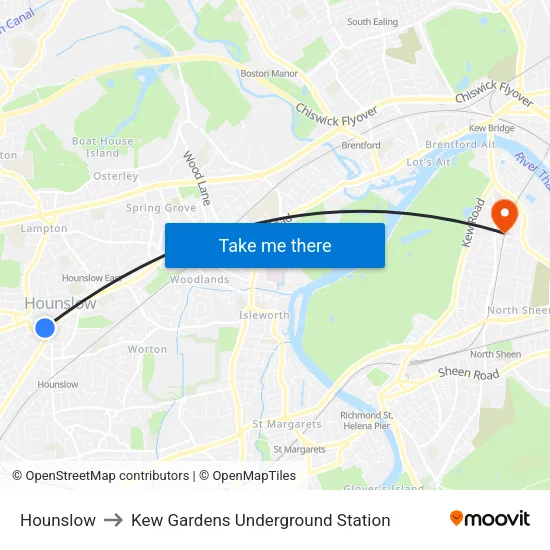 Hounslow to Kew Gardens Underground Station map