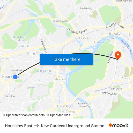 Hounslow East to Kew Gardens Underground Station map