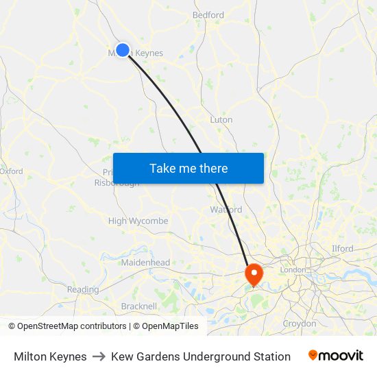 Milton Keynes to Kew Gardens Underground Station map