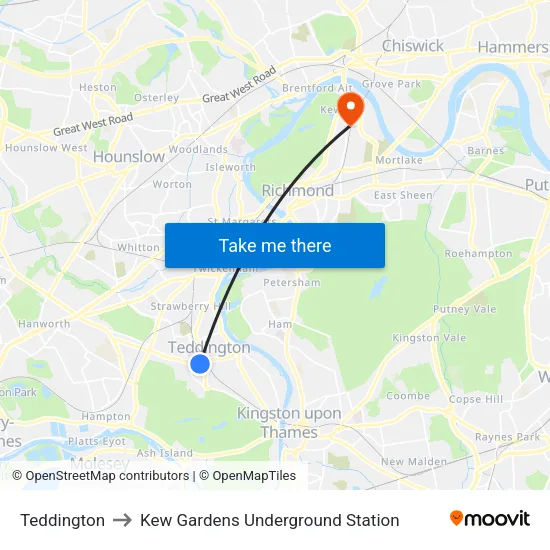 Teddington to Kew Gardens Underground Station map