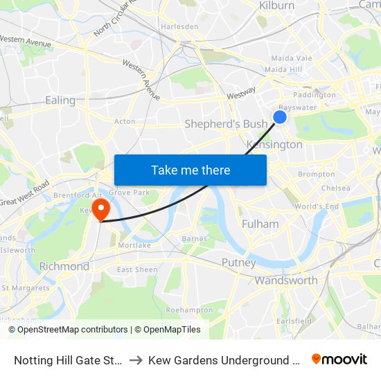 Notting Hill Gate Station to Kew Gardens Underground Station map
