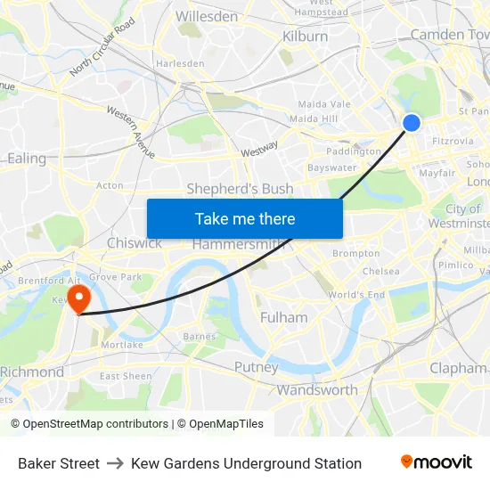 Baker Street to Kew Gardens Underground Station map