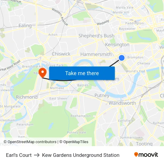Earl's Court to Kew Gardens Underground Station map