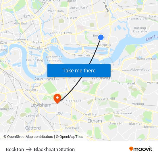 Beckton to Blackheath Station map