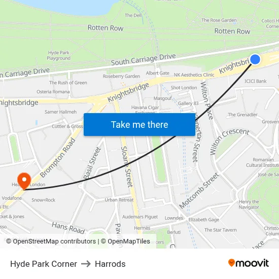 Hyde Park Corner to Harrods map