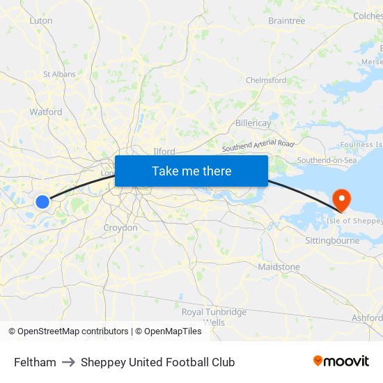 Feltham to Sheppey United Football Club map