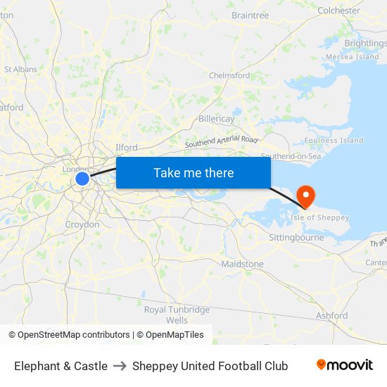 Elephant & Castle to Sheppey United Football Club map