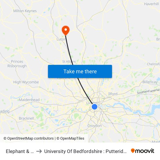 Elephant & Castle to University Of Bedfordshire : Putteridge Bury Campus map