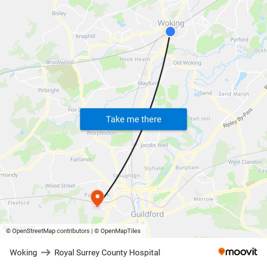 Woking to Royal Surrey County Hospital map