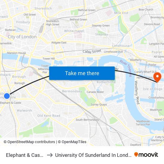 Elephant & Castle to University Of Sunderland In London map