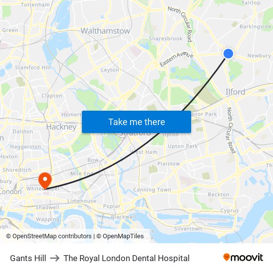 Gants Hill to The Royal London Dental Hospital map