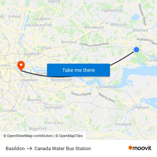 Basildon to Canada Water Bus Station map