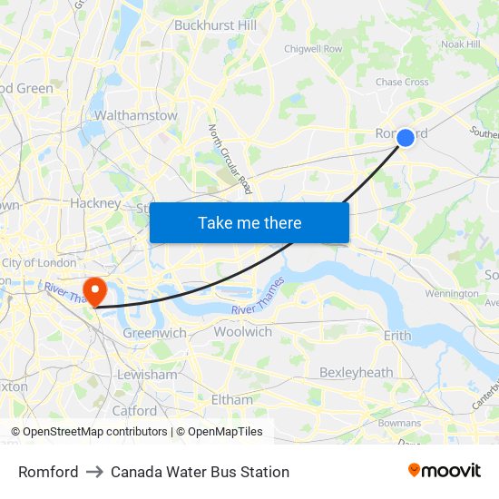 Romford to Canada Water Bus Station map