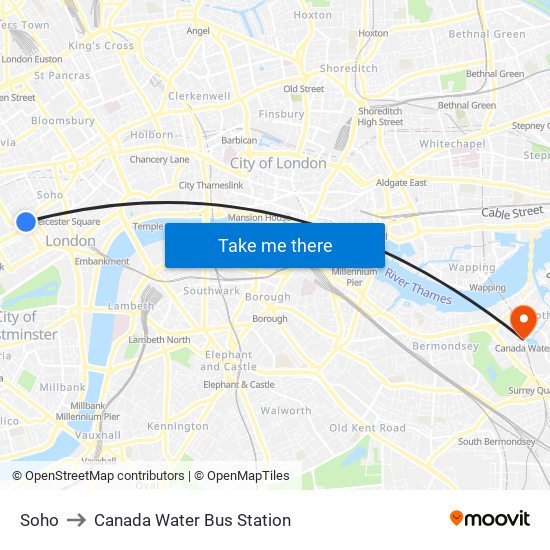 Soho to Canada Water Bus Station map