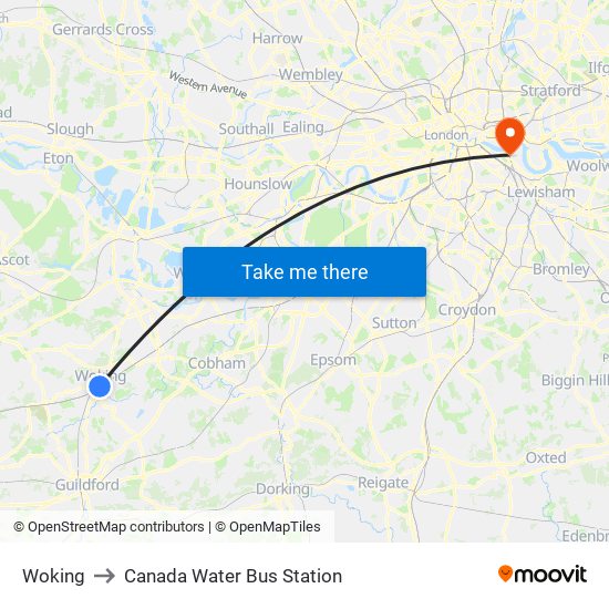 Woking to Canada Water Bus Station map