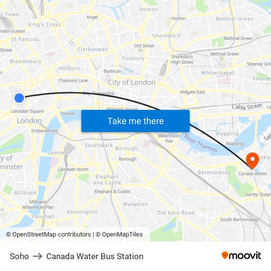 Soho to Canada Water Bus Station map