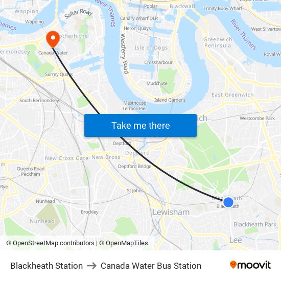 Blackheath Station to Canada Water Bus Station map