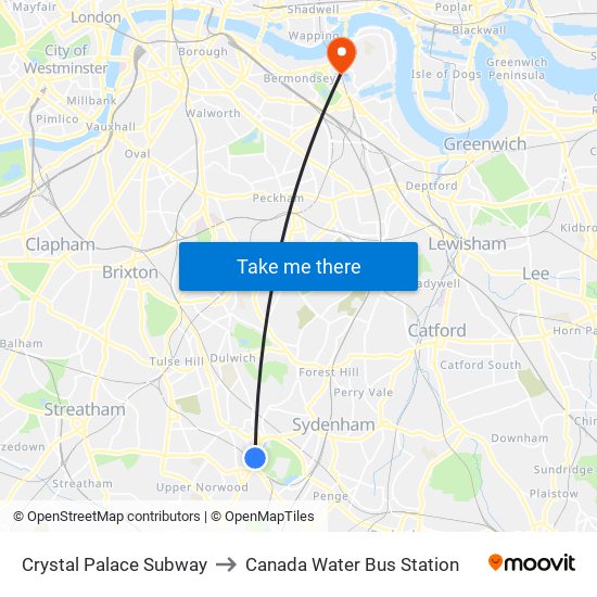 Crystal Palace Subway to Canada Water Bus Station map
