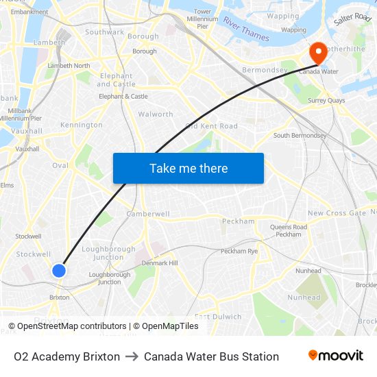 O2 Academy Brixton to Canada Water Bus Station map