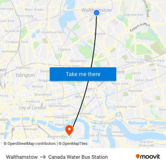 Walthamstow to Canada Water Bus Station map