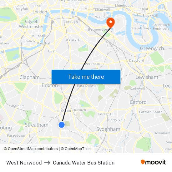 West Norwood to Canada Water Bus Station map