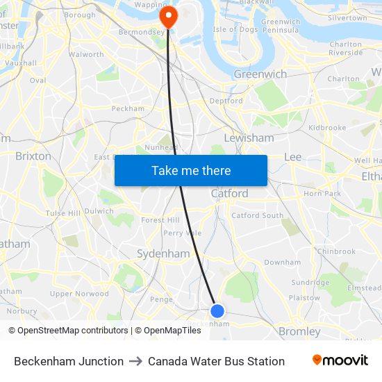 Beckenham Junction to Canada Water Bus Station map