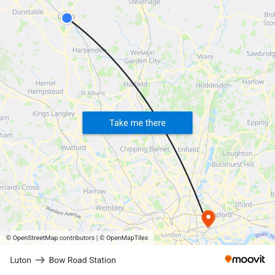 Luton to Bow Road Station map