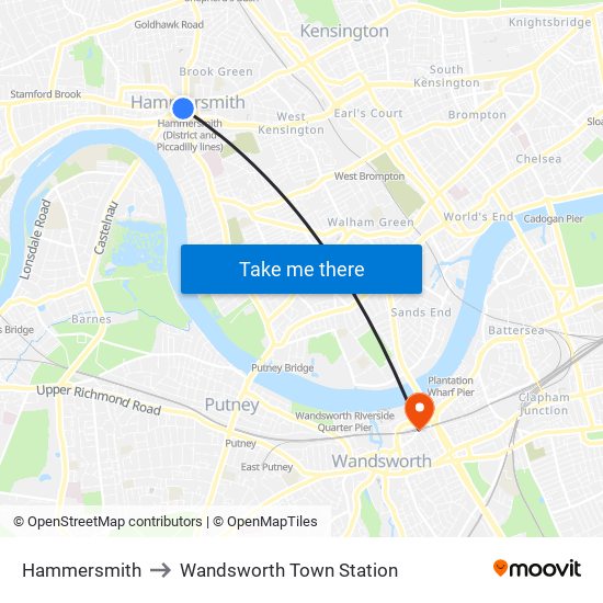 Hammersmith to Wandsworth Town Station map