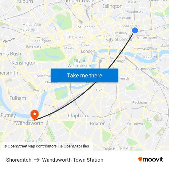 Shoreditch to Wandsworth Town Station map