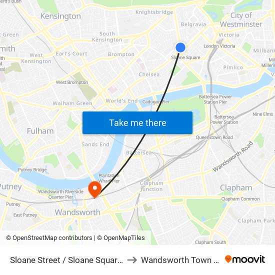 Sloane Street / Sloane Square Station to Wandsworth Town Station map