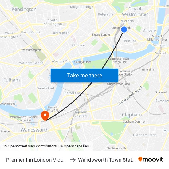 Premier Inn London Victoria to Wandsworth Town Station map