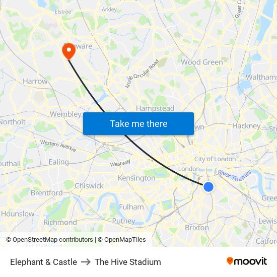 Elephant & Castle to The Hive Stadium map