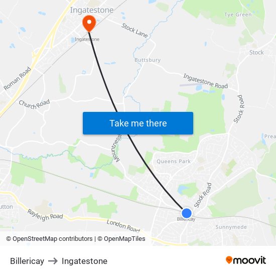 Billericay to Ingatestone map