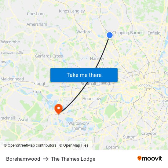 Borehamwood to The Thames Lodge map