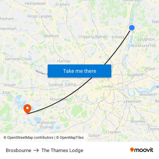 Broxbourne to The Thames Lodge map