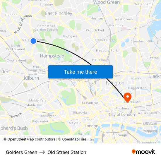 Golders Green to Old Street Station map