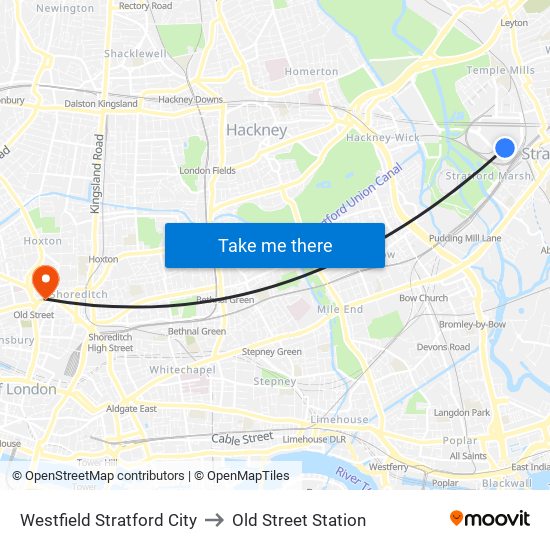 Westfield Stratford City to Old Street Station map