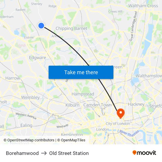 Borehamwood to Old Street Station map