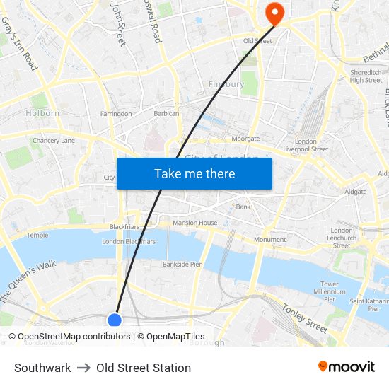 Southwark to Old Street Station map