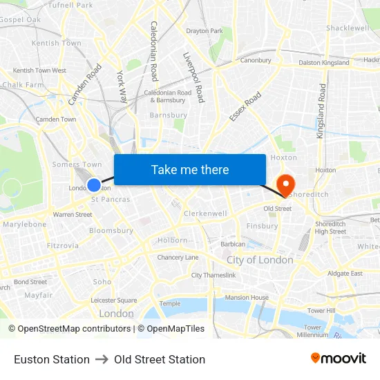 Euston Station to Old Street Station map