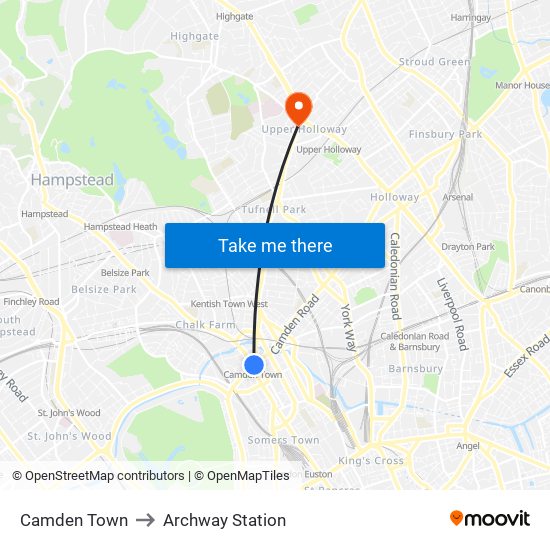 Camden Town to Archway Station map