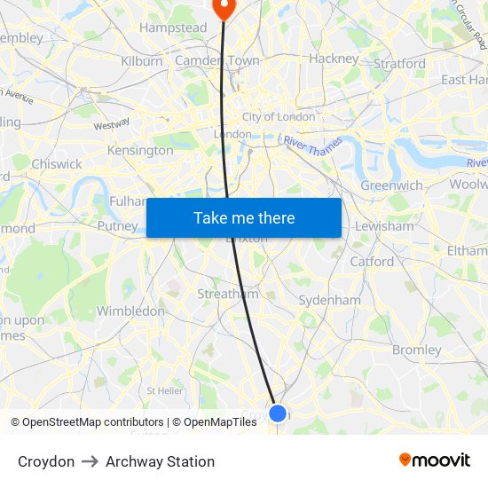 Croydon to Archway Station map