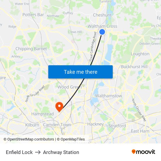 Enfield Lock to Archway Station map