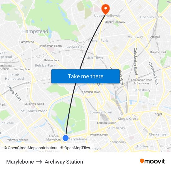 Marylebone to Archway Station map